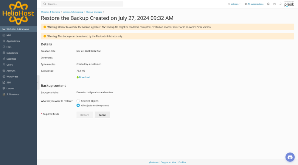 Screenshot 2024-08-12 at 13-07-53 Restore the Backup Created on July 27 2024 09 32 AM - Johnny HelioHost.png